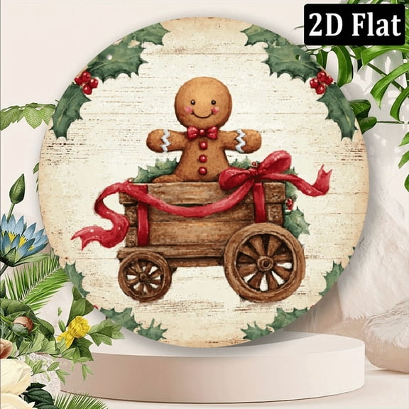 2D Flat Charming Gingerbread for Man Christmas Metal Sign 8*8inch Round Vintage-Inspired Decor for Kitchen, Garden, and Wall - Perfect Holiday Gift for Home Office