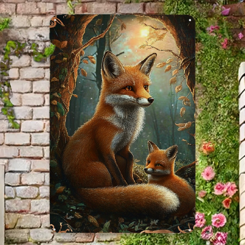 2D Flat Charming Mother Fox and Cub Vintage Metal Wall Art - 8x12 Inch ...