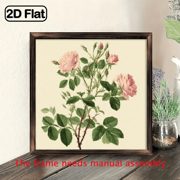 2D Flat, Charming Pale Pink Rose Wooden Framed Sign - Rustic Vintage Wall Decor for Kitchen, Bathroom, Living Room Farmhouse Style Home Accent Housewarming Gift, 8x8 Inch, Living Room Accent Flora