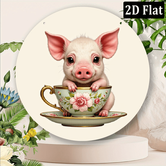 2D Flat, Charming Pig-Themed Vintage Wall Art, 8x8 inch Round Aluminum Metal Sign for Home, Kitchen, Bar Office Decor - Perfect Gift for Any Occasion