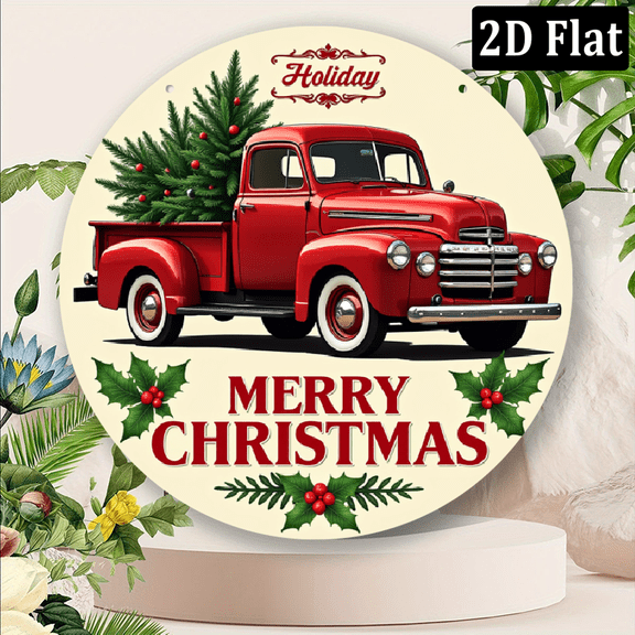 2D Flat, Charming Red Car with Large Christmas Tree Iron Sign - 8x8 Inch Round, Perfect for Holiday Party Backyard Wall Decor, Unique Gift Idea