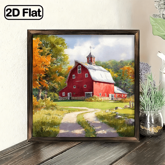 2D Flat - Charming Rustic Red Barn Sign, 8X8 Inches, Framed for Farmhouse Style Decor, Suitable for Living Rooms And Office Desks, Perfect for Wall Art Decoration at Home, an Ideal Gift for Holi