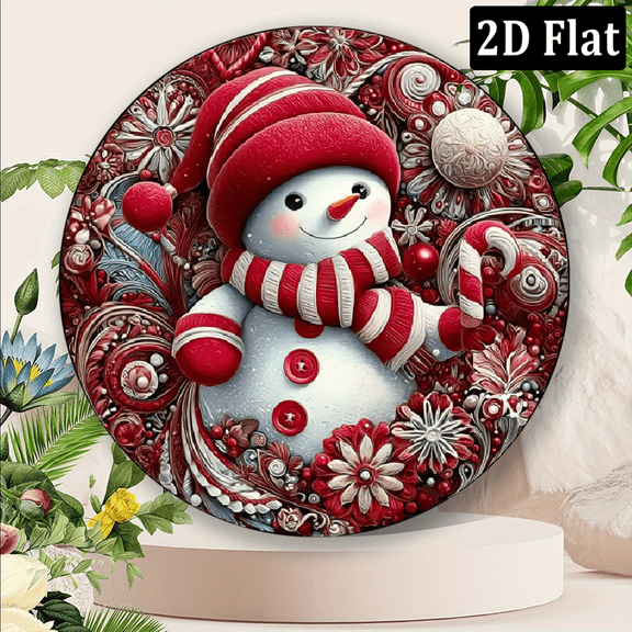 2D Flat Charming Snowman with Red Hat Sign, 8x8 Inches Round Perfect Christmas Decoration and Gift for Friends, Home Snowflake Decor, Perfect for Room Decor