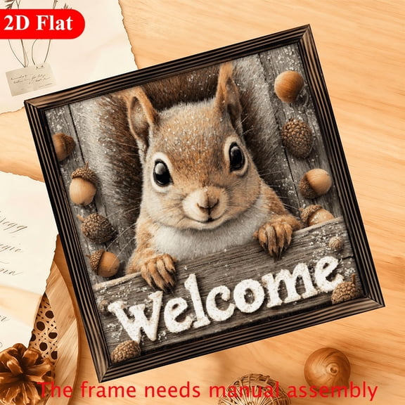 2D Flat, Charming Squirrel Welcome Sign, 12x12 Inch Framed Home Decor, Rustic Polished Finish for Living Room, Bedroom, Office - Ideal Thanksgiving Harvest Gift, Squirrel Gifts