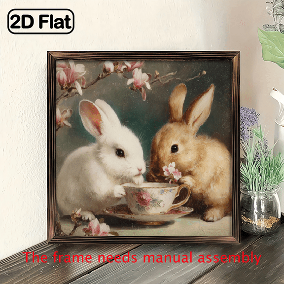 2D Flat, Charming Vintage Wooden Rabbits Tea Time Wall Art - 8x8 Inch Farmhouse Decor for Living Room, Bedroom Entryway - Perfect Easter Gift