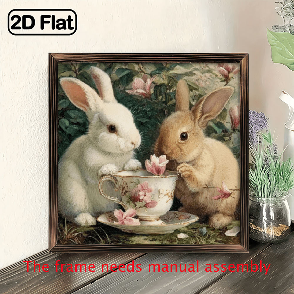 2D Flat, Charming Vintage Wooden Rabbits Tea Time Wall Art - 8x8 Inch ...