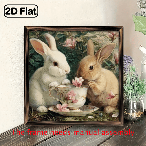 2D Flat, Charming Vintage Wooden Rabbits Tea Time Wall Art - 8x8 Inch Farmhouse Decor for Living Room, Bedroom Entryway - Perfect Easter Gift 