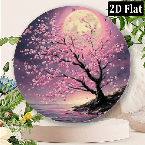 2D Flat, Cherry Blossom Moonlight Aluminum Wall Art - Circular Retro Metal Mural with Vibrant Pink Flowers, Full Moon Water Reflections Easy to Hang Home Decor for Living Room, Bedroom, Cafe, 8*8in