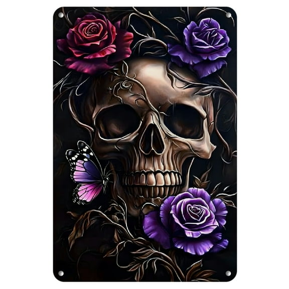 [2D Flat]Chic Purple Skull &amp; Roses Metal Wall Art, 7.87" x 11.81" - Perfect for Living Room, Kitchen, Bar, and Farmhouse Decor | No Power Needed, Feather-Free Iron&nbsp;Sign