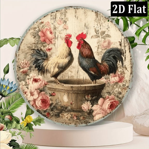 2D Flat Chicken with Vintage Bath Tub Round Vintage Metal Sign, Perfect for Thanksgiving Decorations, Ideal for Home, Cafe, Restaurant Indoor and Outdoor Use 1pc 8x8 Inches