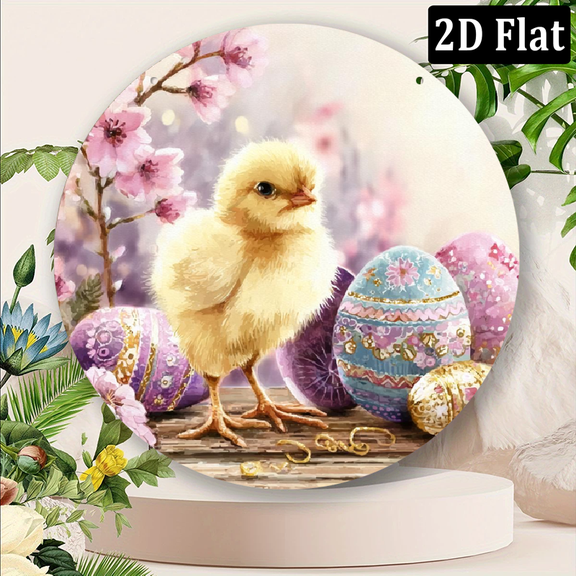 2D Flat, Chicks with Easter Eggs Theme Metal Sign - 8x8 Inch Round Home Decor, Kitchen Decor, Garden Decor, Room Decor, Wall Decor.