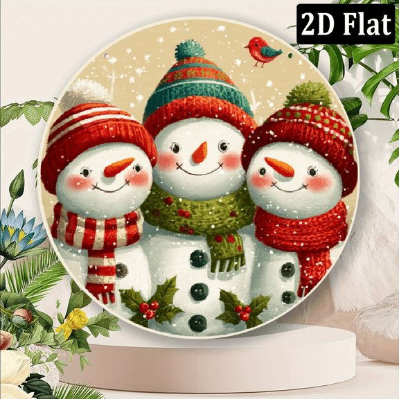 2D Flat, Christmas Snowman Metal Sign Set 8x8 Inch - Round Wall Decor for Home, Cafe, Restaurant, Bar, Porch, Patio - Holiday Festive Art for Friends, Family, Besties - IndoorOutdoor Hanging Plaque