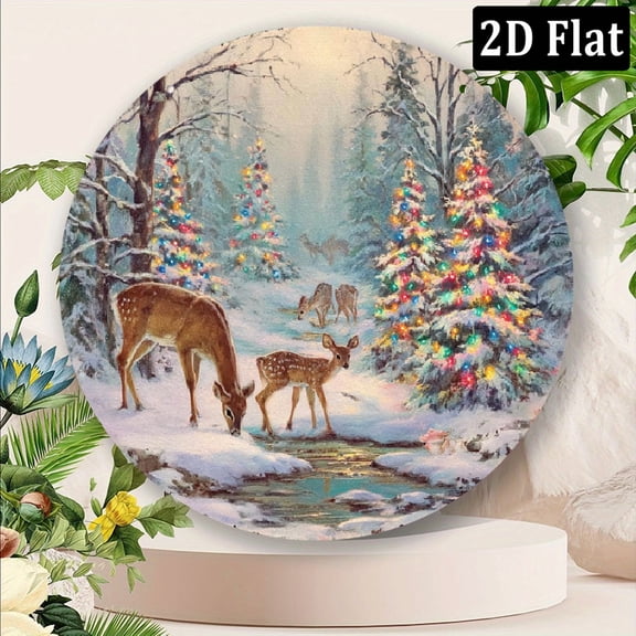 2D Flat Christmas Tree Decor Round Metal Tin Sign Christmas Deer Vintage Tin Sign for Home Coffee Wall Decor for Christmas Family Wall Decoration 8x8 inch