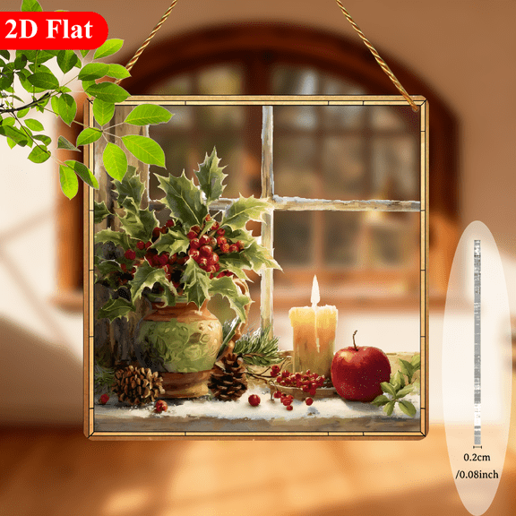 2D Flat, Christmas Window Sill Vase with Pine Cone Colorful Effect Acrylic Sun Catcher, Ideal for Home, Office, Patio Whimsical IndoorOutdoor Decor - Unique Gift Idea 8*8in