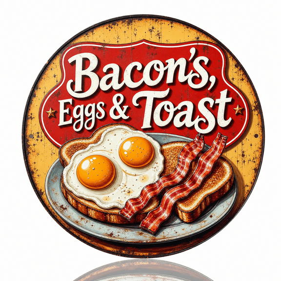 2D Flat - Circular aluminum wall decoration, featuring a vintage design with bacon, eggs, and toast patterns. Perfect for cafes, restaurants, bars, kitchens, and spaces, 8X8 inches.