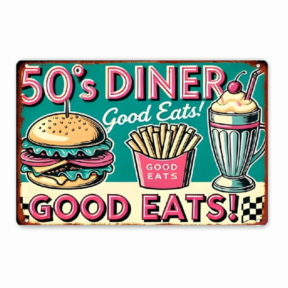 2D Flat A Classic American Diner Sign Featuring '50S Cuisine, Measuring 12*8 Inches, Made Of Iron It's Perfect for Fast Food Joints, American Restaurants, Home Kitchens, And Retro-Themed Room Decor