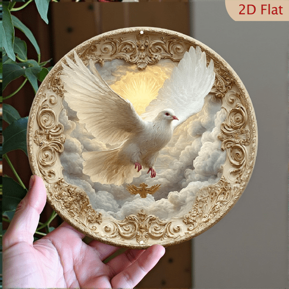 2D Flat, Classic Peace Dove Themed Logo Sign, Round Aluminum Metal Decorative Plaque, Suitable for Bar Kitchen Cafe Home Office Decoration, Holiday Gift, 8x8 Inches, 2D Flat