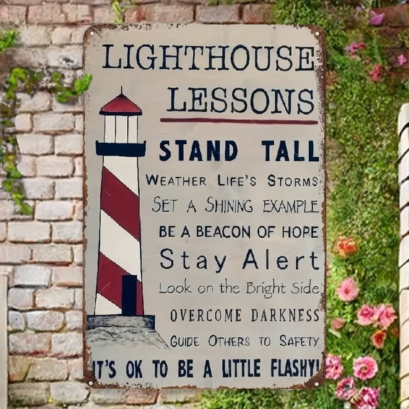 2D Flat, Coastal Inspirations Vintage Lighthouse Lessons Sign - Weather-Resistant Nautical Wall Art with Pre-Drilled Holes, Inspirational Maritime Decor for Home, Office, Beach House - Perfect Gift fo