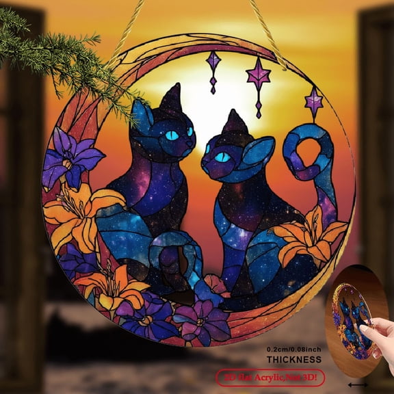 2D Flat, Colorful Moon Flower And Black Cat Suncatcher 8In X 8In Acrylic Window Hanging, Durable Indoor And Outdoor Home Decoration, Suitable for Garden, Party Wall Art, Perfect Birthday Gift