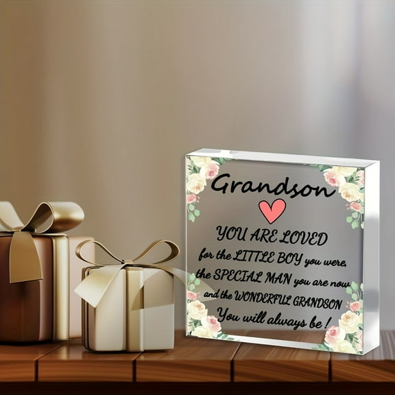 2D Flat, Contemporary Acrylic Grandson Decorative Sign & Plaque Floral Design - English Language, Multi-Purpose, Love Theme, Desk Mountable Gift Grandson Bedroom Home Mother Day Father Day 3.9X3.9 In