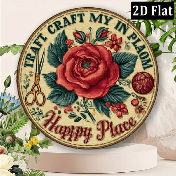 2D Flat, Craft Room Is My Happy Place - 8x8inRound Aluminum Sign, Unique Wall Art for Women'S Cave, Home, Cafe, Bar, Apartment Living Room Decor, Perfect Christmas Gift, Perfect for Room Decor