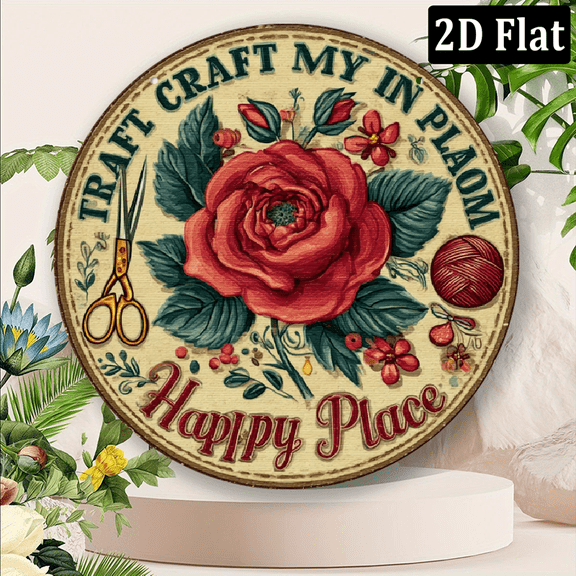 2D Flat, Craft Room Is My Happy Place - 8x8inRound Aluminum Sign, Unique Wall Art for Women'S Cave, Home, Cafe, Bar, Apartment Living Room Decor, Perfect Christmas Gift, Perfect for Room Decor