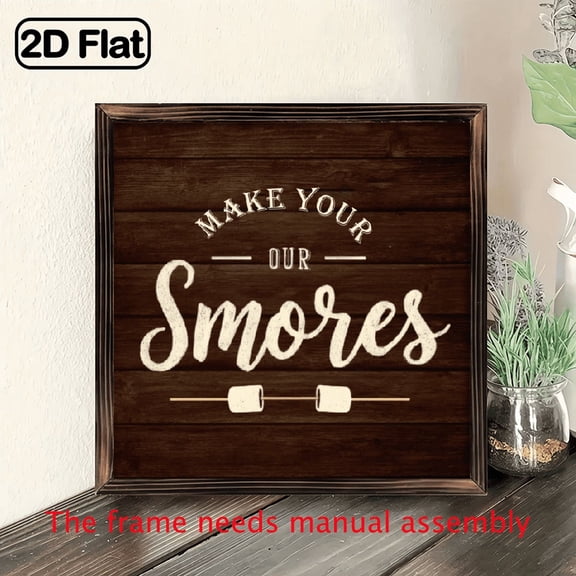 2D Flat, Create Your Own S'Mores Wooden Frame Sign - Vintage Farmhouse Wall Decor with Marshmallow Stick Design, 8x8 Inch Rustic Kitchen, Living Room, or Camping Decoration - Easy Hang