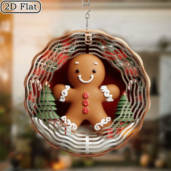 2D Flat, Cute Gingerbread for Man Metal Hanging Decoration - Wind-Powered Spinner with Swivel Hook, Red White Trim - OutdoorIndoor Christmas, Halloween, Thanksgiving, Valentine's Decor - Perfect