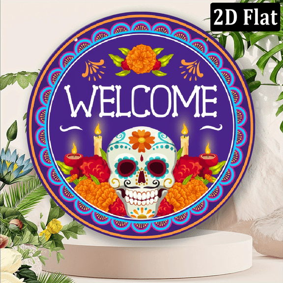 2D Flat, Day of The Dead Welcome Sign Decor, Mexican Sugar Skull Round Hanging Sign Dia De Los Muertos Decorations for Home, Front Door.8x8 inch