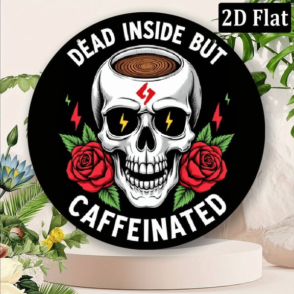 2D Flat, Dead Inside But Caffeinated Round Sign - 8x8 Inch Vintage Wall Art with Skull Roses Design, Perfect for Bedroom, Cafe, Bar Decor - Unique Gift, Durable Home or Office Decoration