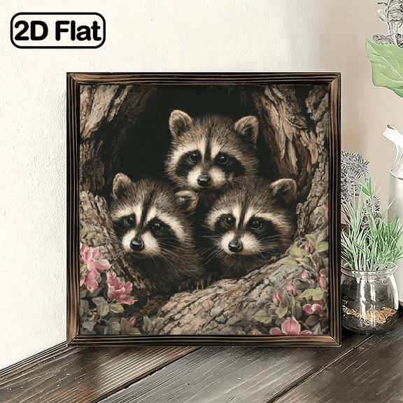 2D Flat, Decor Sign 8x8 Inch, Cute Raccoon Family Wall Art Decor for Home Living Room Nursery Bedroom, Adorable Animal Theme Ornament Gift for Kids, Friends &