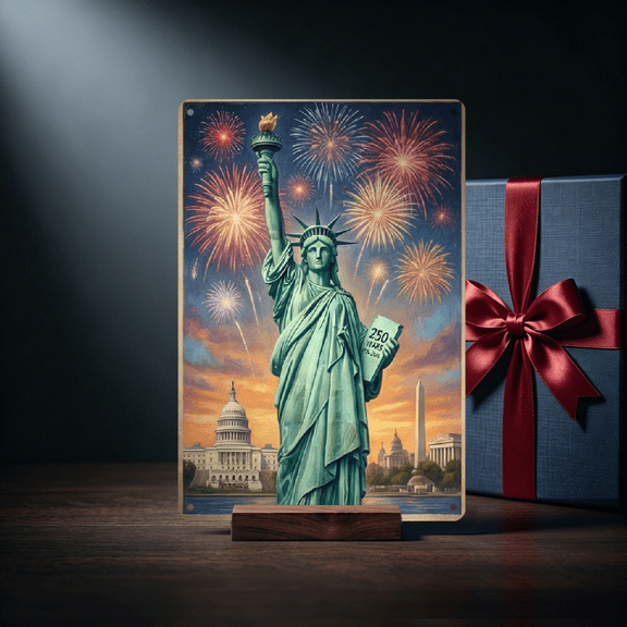 2D Flat Decoration Metal Sign 8x12 inch Plaque US 250th Founding Anniversary Patriotic Statue of Liberty with Capitol and fireworks High Quality Sturdy Metal Perfect for Den, Basement, Bar