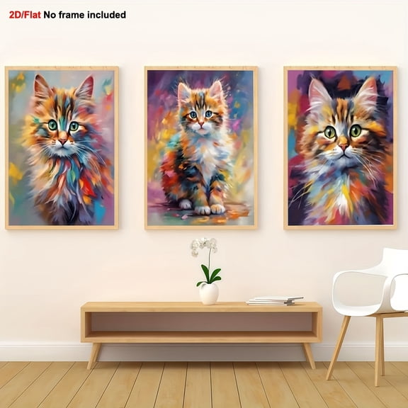 [2D Flat] Decorative Painting 3pcs Set, 2D Flat, Frameless Canvas Art, Halloween and Christmas Gift, Colorful Cat Wall Art Oil Painting Poster Print, Cute Cat Art Decor for Home Decoration, Ideal Ro