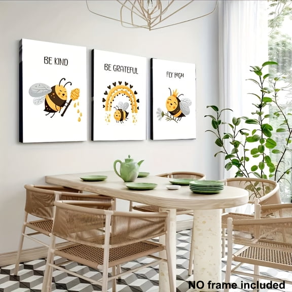 2D Flat Decorative Painting Set, 3pcs Set, Frameless High-Quality Printed Bee Wall Art Neutral Baby Room Creative Waterproof Canvas Poster, Suitable for Home Dorm Hanging Paintings, Gift Choice, 2D