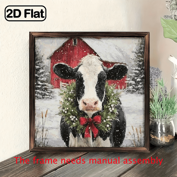 2D Flat, Decorative Plaques Signs, Farmhouse Highland Cow Wooden Painting - Winter Decor - Holly Red Barn Design 8x8 Inch Rustic Home Decor for Bathroom, Entryway Living Room Ideal Housewa