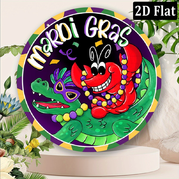 2D Flat, Decorative Sign, Crawfish Alligator Front Door Sign, Mask Beads New Orleans Carnival Wood Door Hanger Outdoor. 8x8 inch metal sign