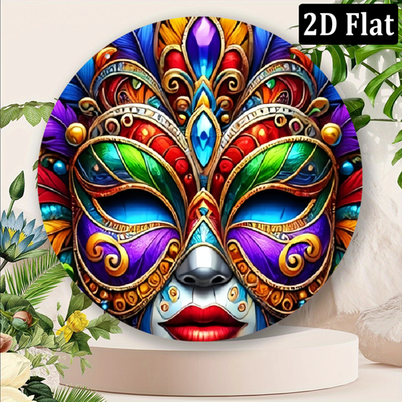 2D Flat, Decorative Sign, Plaque 1pc 8x8 inch Aluminum 2DVenetian Masquerade Mask - Colorful Feathered Carnival Mask.