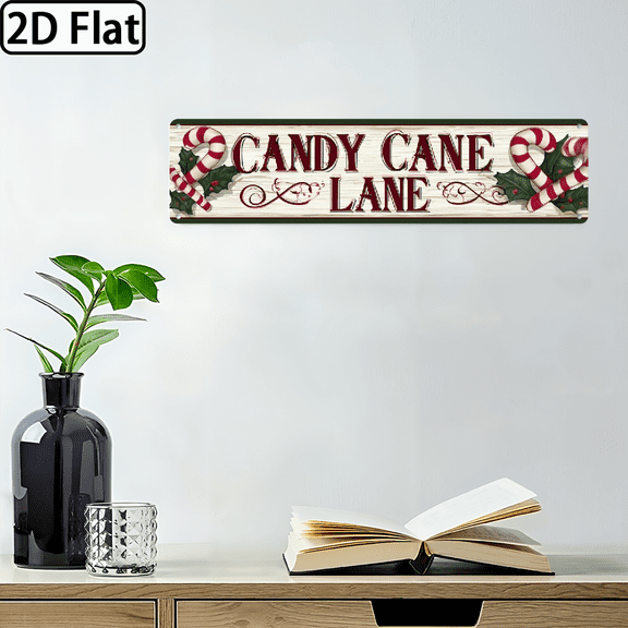 2D Flat, Decorative Sign, Plaque 1pc Candy Cane Lane Metal Sign - Large 4x16 Inch Retro White Green Vintage Christmas Decoration with Red Lettering, Candy Cane Border - Heavy-Duty Iron Wall-Mounta