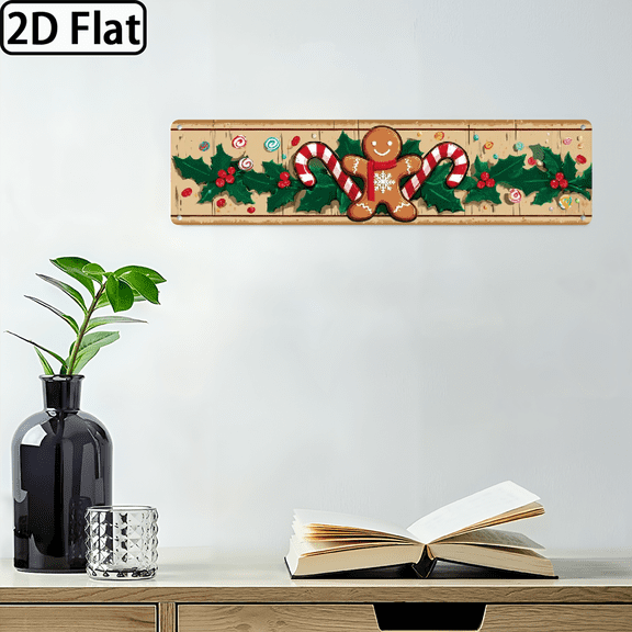 2D Flat, Decorative Sign, Plaque 1pc Gingerbread for Man Metal Wall Art Sign - Durable Christmas Decoration with Smiling Gingerbread for Man, Holly Candy Canes - Classic Holiday Decor,, Door - Eas