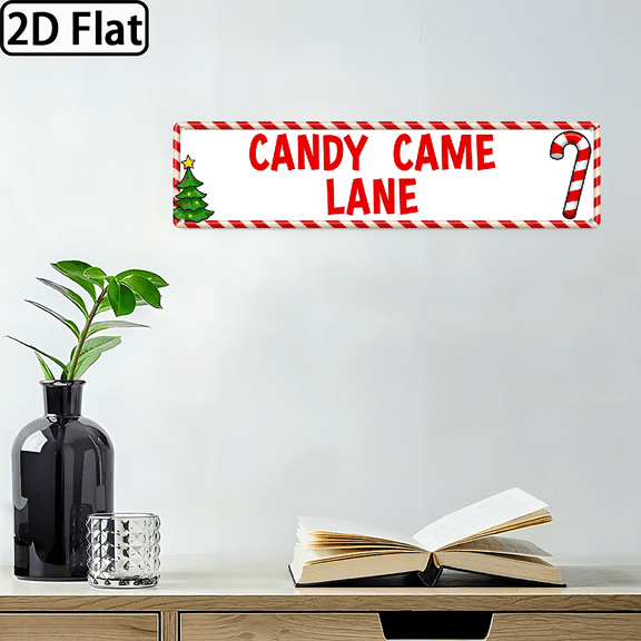 2D Flat, Decorative Sign, Plaque 1pc Large Retro Candy Cane Lane Metal Sign - 4x16 Inch Heavy-Duty Iron Christmas Street Plaque with Candy Cane Lettering RedWhite Striped Border, Wall-Mountable Ho
