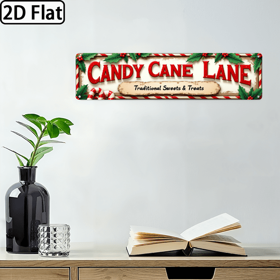 2D Flat, Decorative Sign, Plaque Christmas Candy Cane Lane Metal Sign, Traditional Sweets Treats Wall Decor, Pre-Drilled, Weatherproof, for Home Display, 4x16