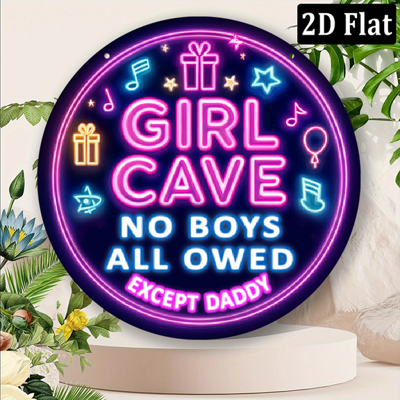 2D Flat, Decorative Sign, Plaque Funny 'No Boys Allowed' Pink Neon Wall Sign -Round Aluminum Decor for Home Office, Durable Metal Art for Living Room, Cafe - Perfect IndoorOutdoor Gift 8*8in