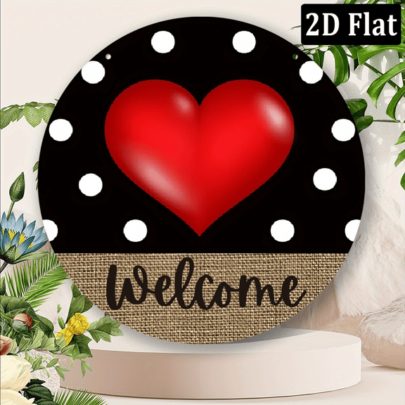 2D Flat, Decorative Sign, Plaque Valentine's Day 8x8 inch Wooden Heart Welcome Sign Black White Polka Dot Door Hanger with Red Heart Design.