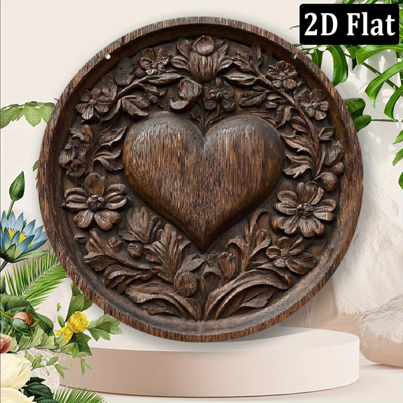 2D Flat Decorative Signs&Plaques 8X8 Inch Round Aluminum Heart-Shaped Floral Design Retro Metal Wall Art, Perfect for Home, Office, Parties, Halloween, Christmas, Thanksgiving, Mother'S Day, Fathe