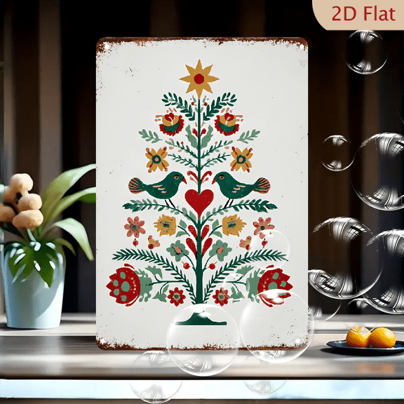 2D Flat Decorative Signs&Plaques, 8x12 inch Watercolor Christmas Tree Metal Sign, Christmas Decoration, Holiday Decor, Norwegian Folk Art for Home Coffee, Ideal for Spring and Holiday Gift.