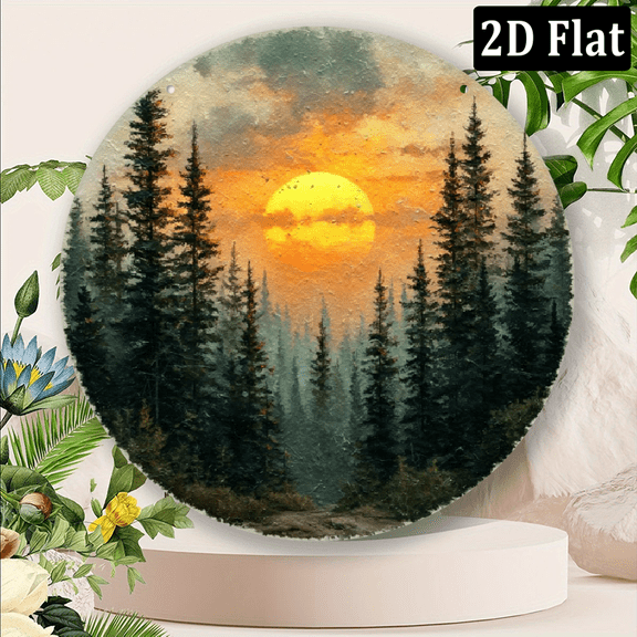 2D Flat, Decorative bow tie1pc, Vintage Round Metal Pine Tree Sign - 8x8 Inch Rustic Iron Wall Art with Sunset Pine Forest Scene, Pre-Drilled Holes for Easy Hanging, IndoorOutdoor Home Office Ga