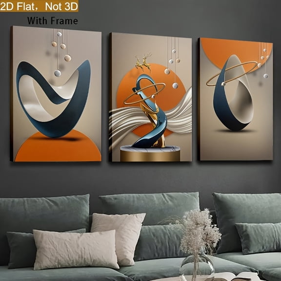 2D Flat Design Effect, Three Picture Frames Ready to Hang Canvas Modern Art for Home Decor And Abstract Geometric Fashion Trend Prints for Wall Art