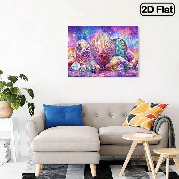 2D Flat Design, a 500 - piece horizontal paper puzzle, "Sparkling Seashells in Galaxy". The size is 20.4 * 14.9 inches.