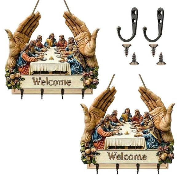 2D Flat and Disciples Wall Art Keychain Holder,Rustic Farmhouse Religious Key Rack with 4 Metal Hooks,Christian Autumn Home Decor with Welcome Sign and Hooks,for Entryway,Hallway,Entry