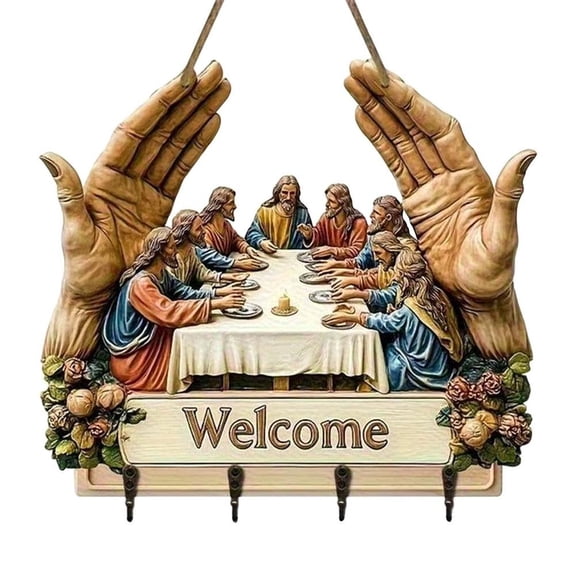 2D Flat and Disciples Wall Art Keychain Holder,Rustic Farmhouse Religious Key Rack with 4 Metal Hooks,Christian Autumn Home Decor with Welcome Sign and Hooks,for Entryway,Hallway,Entry